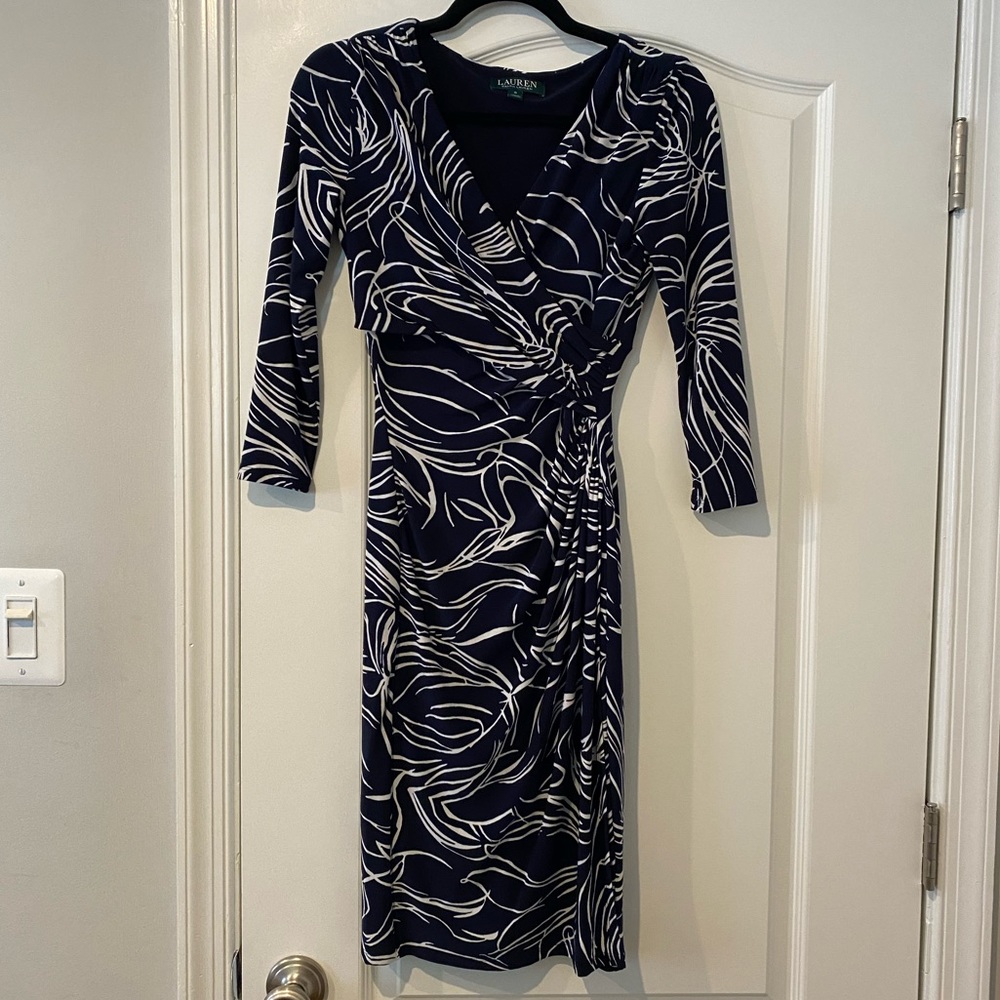 Ralph Lauren navy and white midi dress with sleeves